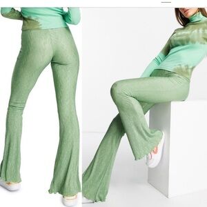 Topshop Retro Vintage Sage Green Crinkle Bellbottom Flared Pants